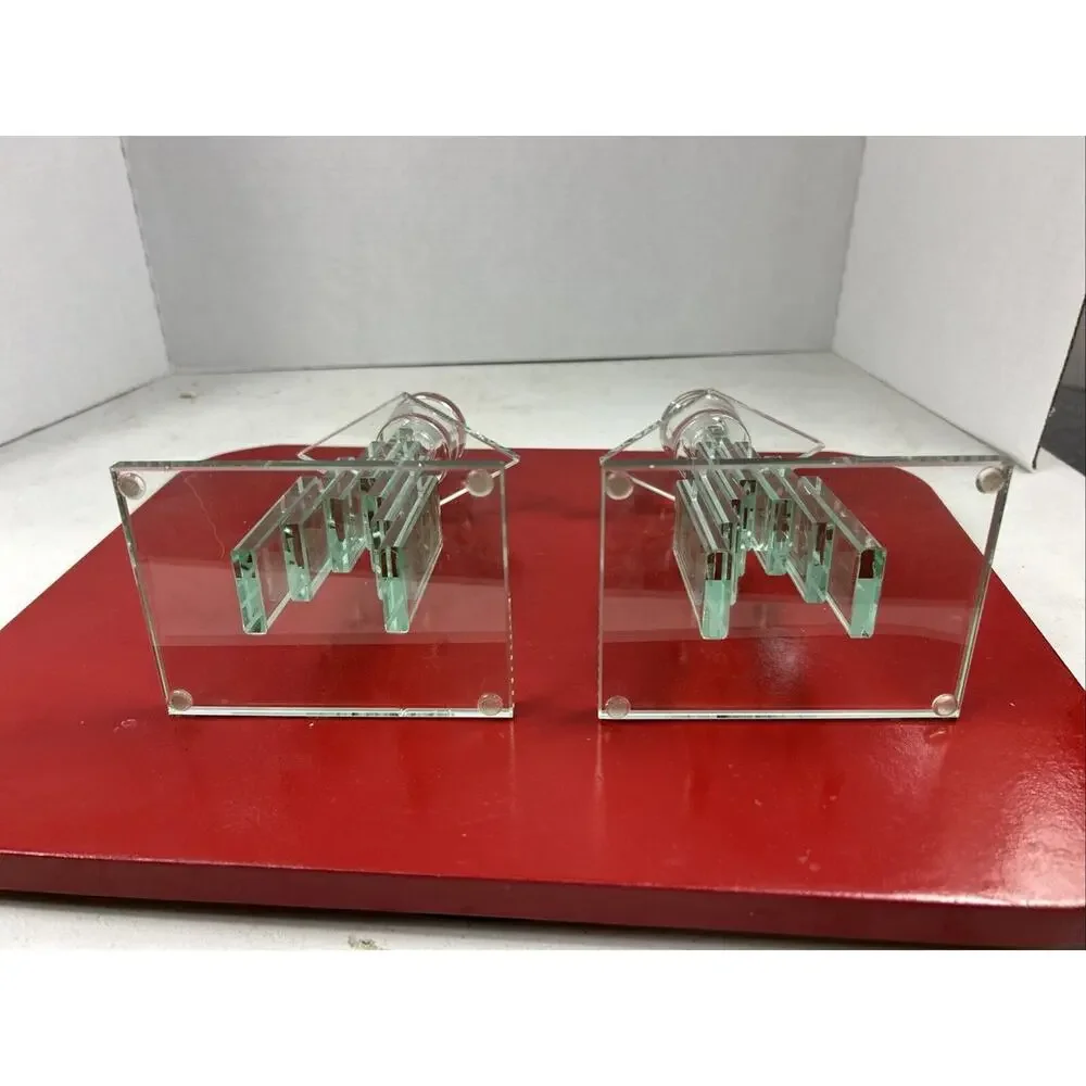 VTG Cut‎ Stacked Glass Candle Holders Art Modern Retro Crystal Heavywt Green 7.5